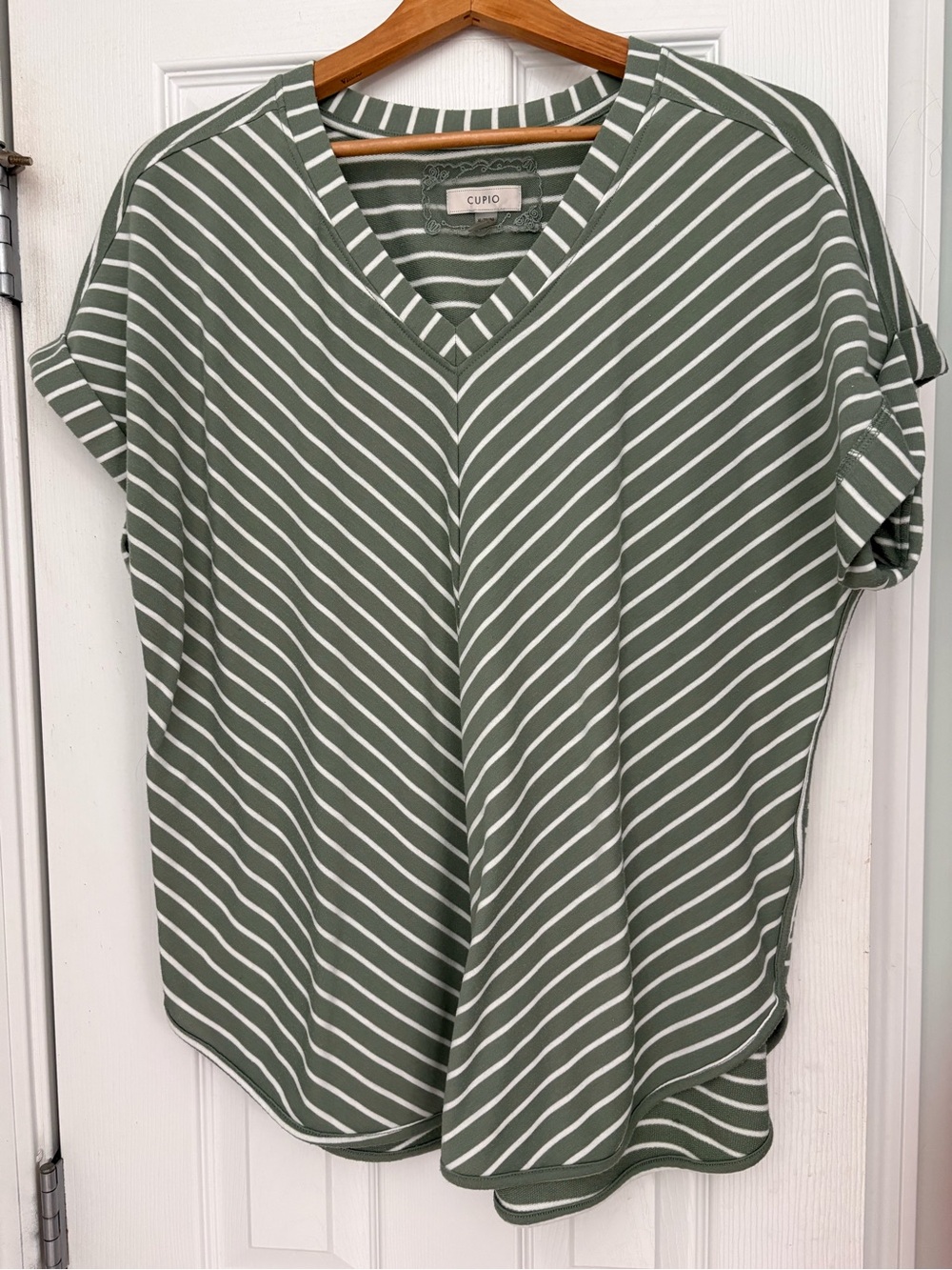 Cupio Olive & White Striped V-Neck Short Sleeve Top
